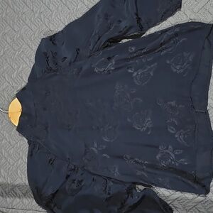 Zara Dark Navy Blue Rose Jacquard Puff Sleeve Mock Neck Blouse